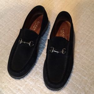 Black suede lug soled Gucci loafers